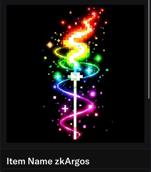 A pixel art image shows a glowing rainbow-colored dollar sign transforming into a sword with swirling energy against a black background, labeled 'Item Name zkArgos'.
