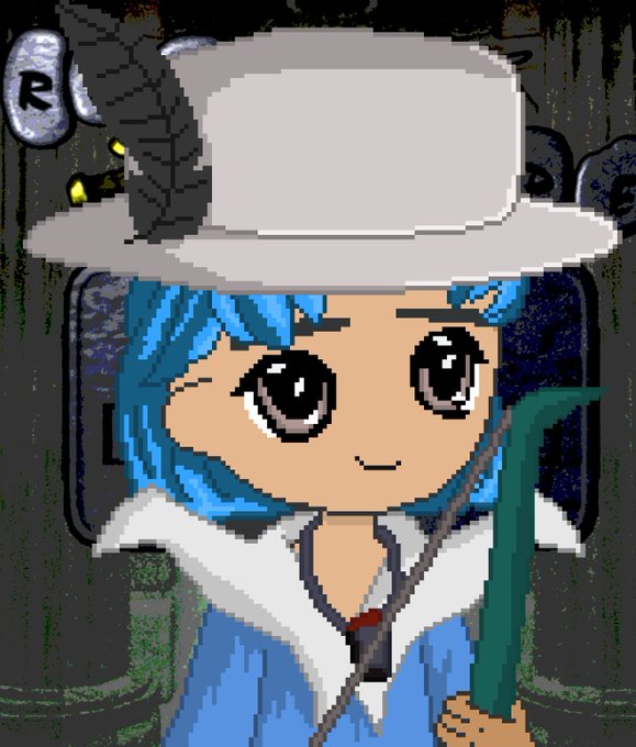 A pixel art illustration of a blue-haired character wearing a wide-brimmed hat with a black feather and holding a green staff.