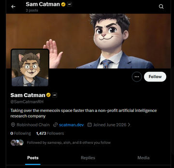 A Twitter/X profile for "Sam Catman" (@SamCatmanRH) with the bio "Taking over the memecoin space faster than a non-profit artificial intelligence research company," showing a humanoid cat avatar waving, a Robinhood Chain link, scatman.dev website, joined June 2026, and 1,473 followers.