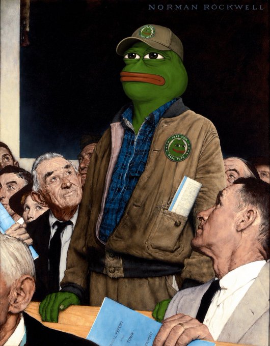 A parody painting in the style of Norman Rockwell's 'Freedom of Speech' featuring Pepe the Frog standing in a crowd wearing a cap and jacket with a 'Make Crypto Great Again' badge.