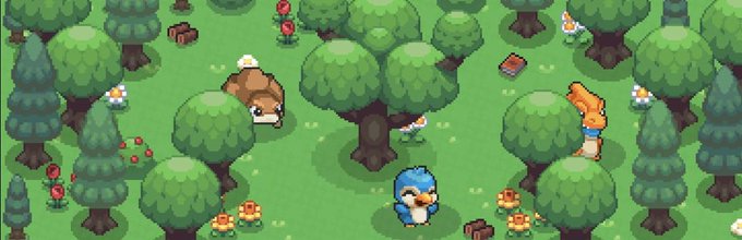 Pixel art scene of a forest featuring a small blue penguin character, a squirrel, and a hedgehog among green trees, flowers, and mushrooms.