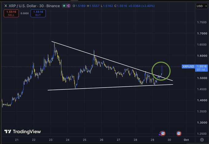 A TradingView 30-minute chart of XRP/USD showing a symmetrical triangle pattern with a green circle highlighting a breakout at approximately 1.5516.