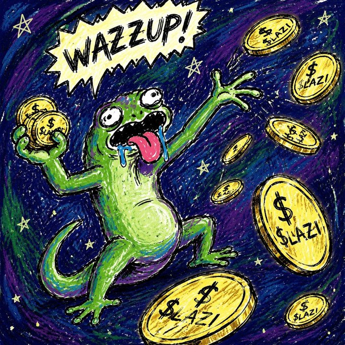 A vibrant illustration of a green lizard-like creature with bulging eyes and tongue out, surrounded by floating gold coins labeled "$LAZI" against a starry cosmic background, with a speech bubble exclaiming "WAZZUP!"