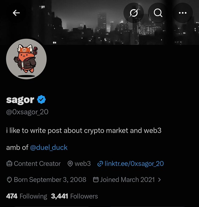 Twitter/X profile page for user 'sagor' (@0xsagor_20), a Content Creator focused on crypto market and web3 content, with 474 Following and 3,441 Followers, joined March 2021.