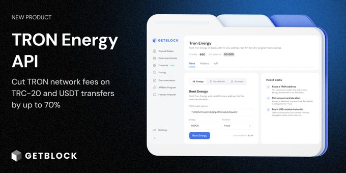 The image is a screenshot of an advertisement for TRON Energy and Bandwidth Rental services. The headline reads "New on GetBlock: TRON Energy and Bandwidth Rental." The main focus of the image is a page from the TRON Energy Api, which highlights how users can rent energy resources such as Tron Ethers, but in exchange, they must pay a fee for the energy consumed. The image also includes text that mentions the terms "Energy 1h-14d" and "bandwidth 1h," which further emphasizes the services offered by TRON Energy. Additionally, there is an advertisement prompt on the side of the screen with three bullet points.
