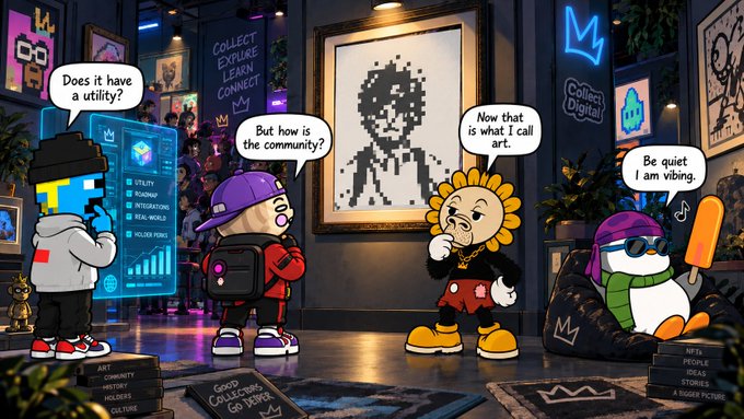 A cartoon/illustration depicting NFT characters in a gallery setting with speech bubbles: 'Does it have a utility?' 'But how is the community?' 'Now that is what I call art.' 'Be quiet I am vibing.' Characters are looking at a pixel art skeleton portrait with a crown.