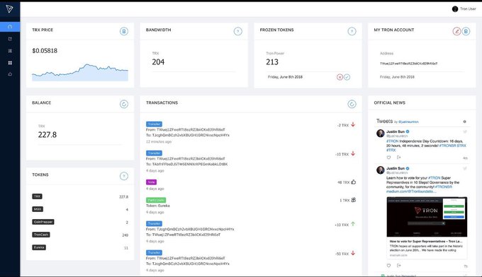 The image shows a Tron wallet dashboard displaying key metrics including a TRX price of $0.05818, bandwidth of 204, frozen token power of 213, and a balance of 227.8 TRX, along with recent transactions and Tron-related news. It visually supports the post's narrative about TRON Inc. (NASDAQ: TRON) accumulating TRX, illustrating the wallet-level activity where such corporate purchases and token movements would be tracked.