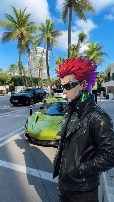 An anime-style digital illustration of a character with spiky red and purple hair wearing a black leather jacket and sunglasses, standing in front of a green sports car and palm trees with city buildings in the background.