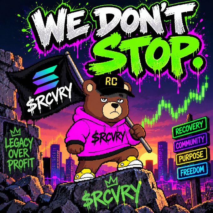 A neon-colored digital illustration featuring a bear in a pink hoodie and 'RC' cap holding a '$RCVRY' flag, with graffiti-style text 'WE DON'T STOP.', 'LEGACY OVER PROFIT', and pillars labeled 'RECOVERY', 'COMMUNITY', 'PURPOSE', and 'FREEDOM' against a city skyline.
