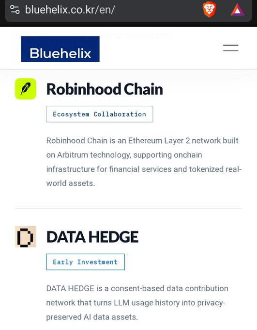 A screenshot from the Bluehelix website (bluehelix.co.kr/en) displaying two ecosystem projects: "Robinhood Chain," labeled as an Ecosystem Collaboration and described as an Ethereum Layer 2 network built on Arbitrum, and "DATA HEDGE," labeled as an Early Investment and described as a consent-based data contribution network that turns LLM usage history into privacy-preserved AI data assets. The image visually confirms the post's claim that DATA HEDGE is listed as an early-stage investment on Bluehelix's platform.