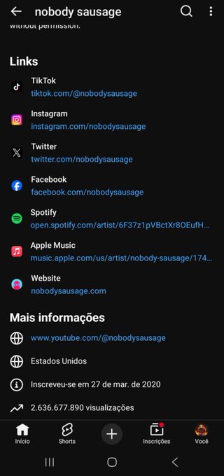 A YouTube channel page for 'nobody sausage' showing links to their TikTok, Instagram, Twitter, Facebook, Spotify, Apple Music, and website, with over 2.6 billion views and based in the United States.