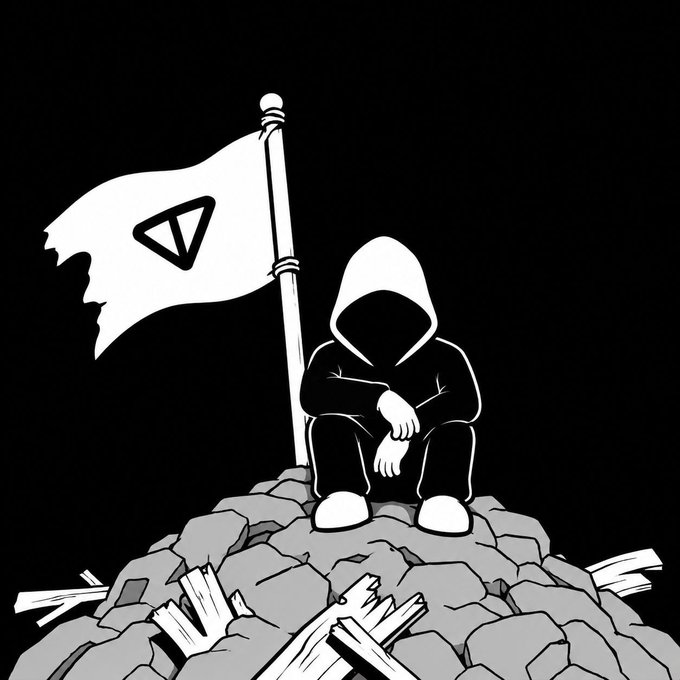 A black-and-white illustration of a hooded figure sitting dejectedly on a pile of rubble, holding a tattered flag bearing the Ethereum logo.