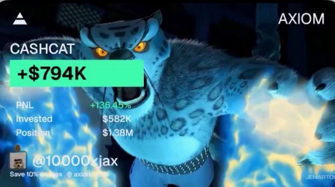 A promotional image from Axiom featuring a snarling leopard mascot showcases a trader (@10000xiax)'s profitable $CASHCAT position, displaying "+$794K" gains with a +136.45% PNL from a $582K investment growing to a $1.38M position. The image visualizes the post's claim of turning $5,821 into $794K (137x return) despite others urging them to sell.