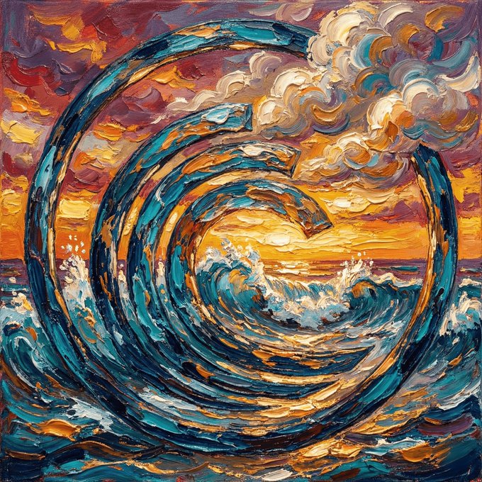 An impressionist-style painting depicts swirling blue ocean waves forming a circular pattern against a dramatic sunset sky with warm orange and purple clouds in an impasto technique.
