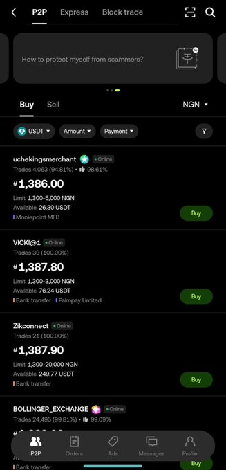 A Binance P2P trading interface showing USDT buy offers in NGN, with traders like uchekingmerchant (₦1,386.00) and VICK@1 (₦1,387.80) available for bank transfers and other payment methods.