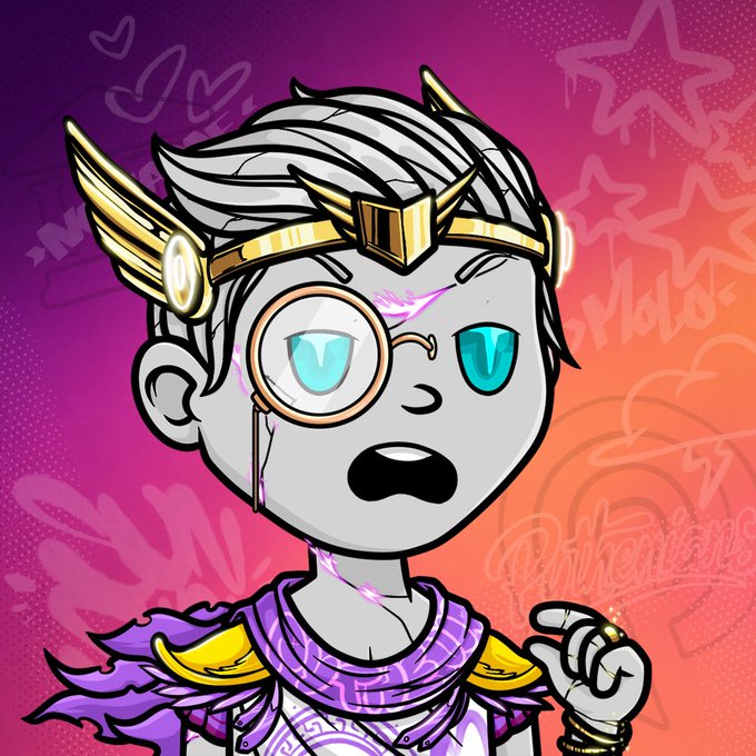 A cartoon NFT-style character with gray skin, white hair, a gold crown, monocle, and purple/gold attire against a pink and purple background with star designs.