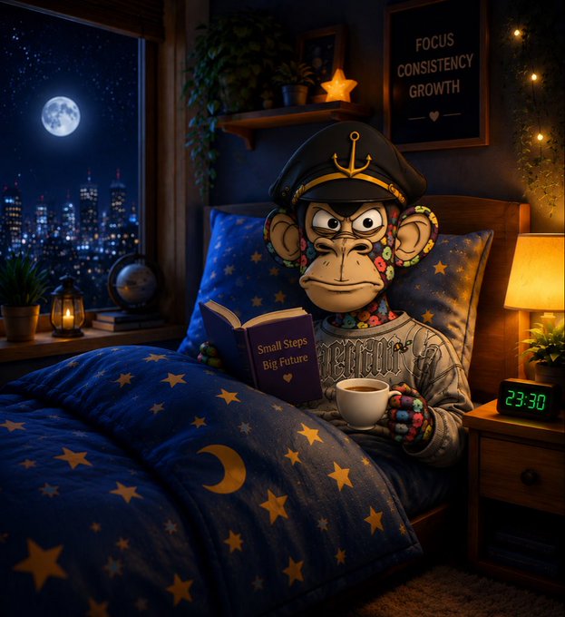 A stylized illustration of a monkey NFT character wearing a captain's hat and reading a book titled "Small Steps Big Future" in a cozy bedroom with a "FOCUS CONSISTENCY GROWTH" sign and a digital clock reading 23:30.