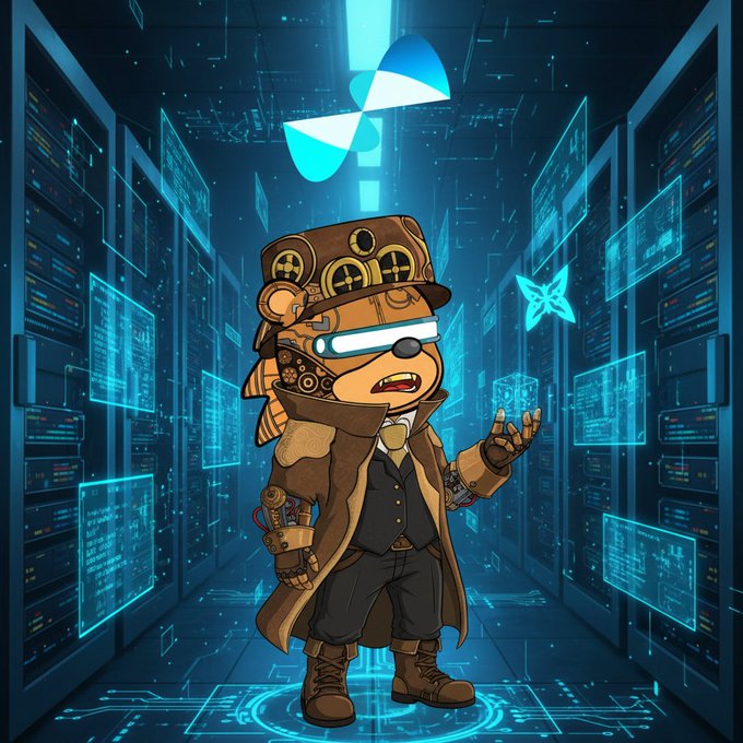 The image features a cartoon bear wearing a brown suit, hat, and boots standing in front of a computer screen that displays blue boxes. The bear appears to be holding a key or a small object, possibly a keychain, as if it's trying to open something on the screen. The background is filled with blue boxes, which could represent servers or data centers.

The image also contains text that reads "gQuip Been testing the asset layer on @quipnetwork and it' s pretty seamless wrapping my keys with that extra security layer No more worrying about future quantum threats hitting my bags The compute side is interesting too with those optimization problems getting solved in a". This suggests that the bear might be involved in some sort of data analysis or problem-solving task related to the asset layer, and it's using its keychain as a tool.
