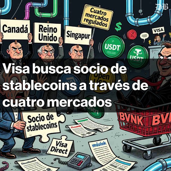 A Spanish-language cartoon illustration with the headline 'Visa busca socio de stablecoins a través de cuatro mercados' shows signs for 'Canadá', 'Reino Unido', and 'Singapur', along with USDT logos and 'Socio de stablecoins'.