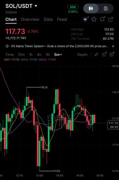 The image shows a TradingView candlestick chart of SOL/USDT trading at $117.73, down 2.79% (-$3.72), with a 5-minute timeframe and visible moving averages (MA7, MA14, MA28). The chart illustrates SOL's volatile price action, supporting the post's claim of significant upside momentum (+70% over 60 days) and growing institutional interest, highlighted by record $271M in spot SOL ETF inflows during September.