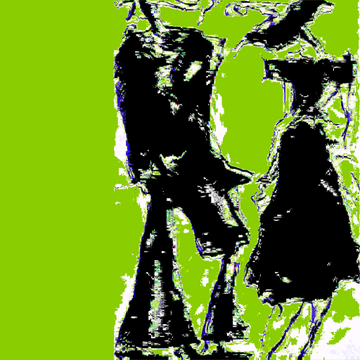 A heavily distorted, glitched image with black and white abstract shapes on a bright green background, possibly a corrupted or posterized portrait.