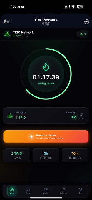 A screenshot of the "TRIO Network" mining app displays an active mining session with a timer at 01:17:39, a balance of 1 TRIO, a +2 reward, and various task options including "Boost +1 Hour" and "2 TRIO REWARD," illustrating the ad-watching mining platform described in the post.
