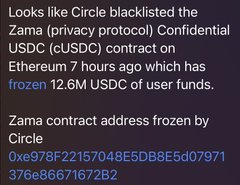 The main focus of the image is an email with a warning, stating that Circle has been detected as blacklisted by the Zama cryptocurrency exchange. It appears that Circle was involved in a transaction or contract related to the USDC (Us Dollar Coin) on Ethereum for 12.6 million USDC user funds. The context suggests that Circle might be facing consequences due to suspicious activity within the crypto network or potential misuse of user funds.