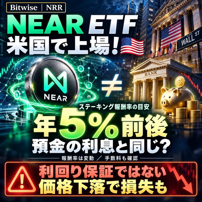 A Japanese promotional graphic about the "NEAR ETF" listing on the US market, featuring cryptocurrency imagery, Wall Street, and warnings about staking returns of around 5%.