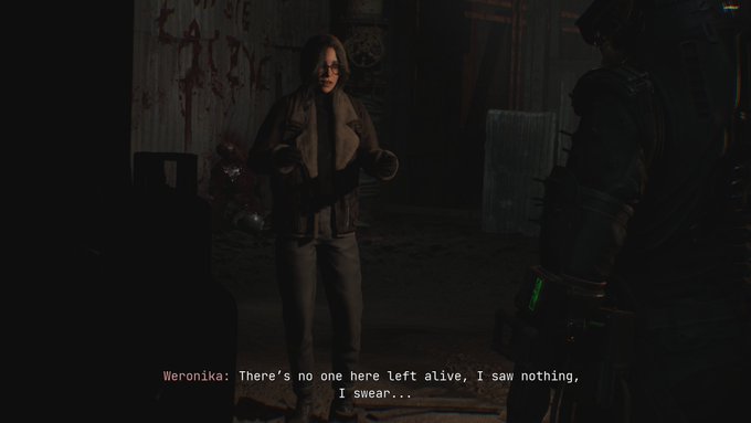 A dark video game scene shows a female character named 'Weronika' speaking, with subtitles reading 'There's no one here left alive, I saw nothing, I swear...'.
