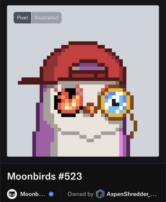 A pixel art NFT image showing a character with a red hat and two different glasses (one fiery, one watery), titled 'Moonbirds #523' owned by 'AspenShredder'.