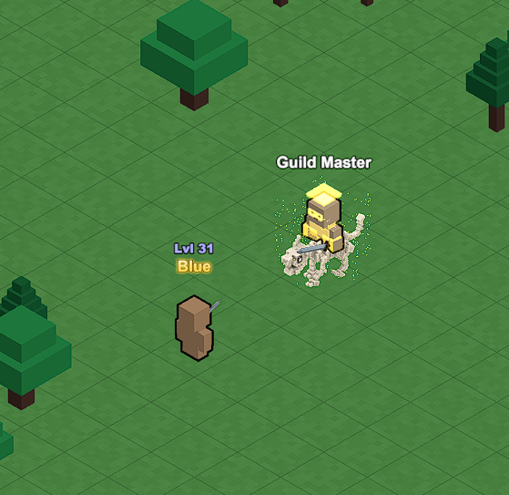 A screenshot of a voxel-style game showing a 'Guild Master' character next to a 'Lvl 31 Blue' character on a green grid with trees.