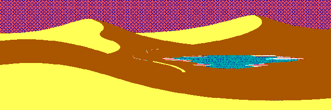 A vibrant, abstract digital artwork featuring a pixelated purple and orange sky above undulating brown and yellow dunes, with a small turquoise pool nestled in the sand—matching the surreal, psychedelic banner style advertised on drop.art.