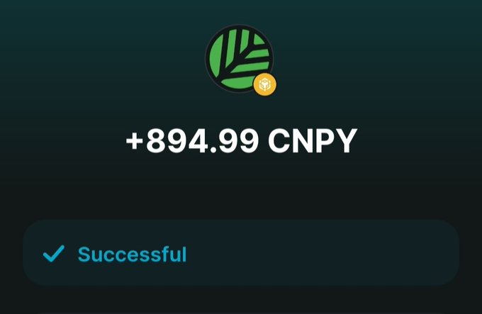 A digital transaction confirmation screen showing a successful payment of +894.99 CNPY with a green leaf logo and a small gold coin icon.