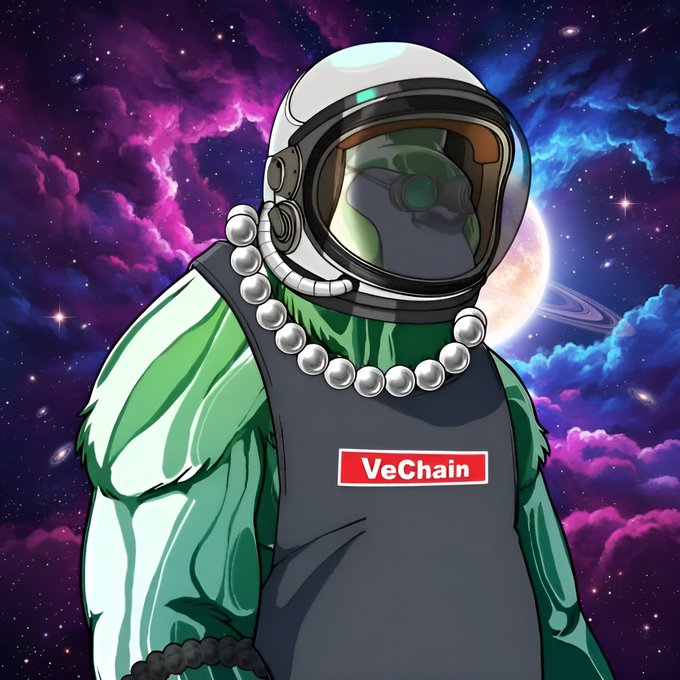Stylized digital artwork of a green gorilla wearing an astronaut helmet and a "VeChain" branded tank top, set against a colorful cosmic background with stars and planets.