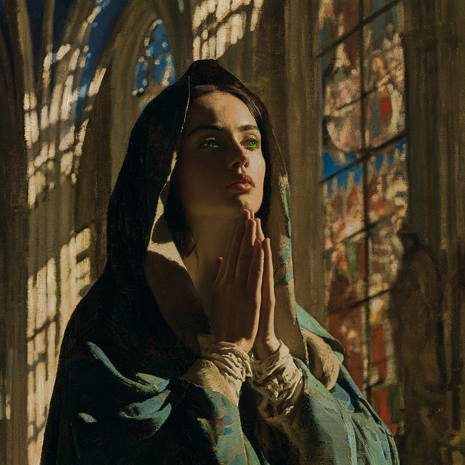 Painterly artwork of a woman with glowing green eyes praying with clasped hands, dressed in a dark hooded robe with white cuffs, set against stained glass windows with warm sunlight streaming through.