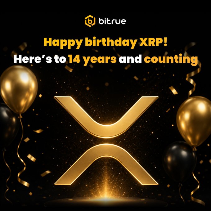 The image features a gold "x" with a "R" underneath, surrounded by black and gold confetti. The background of the image is black, with gold confetti scattered around the "x." Below the "x," there's text that reads "Happy birthday XRP! Here's to 14 years and counting!"