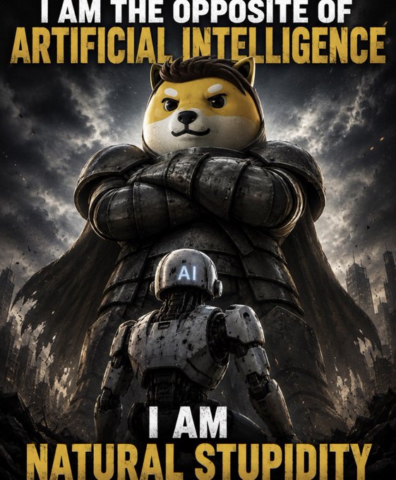 A meme image showing a large armored Shiba Inu figure standing behind a smaller robot labeled "AI," with the text "I AM THE OPPOSITE OF ARTIFICIAL INTELLIGENCE" at the top and "I AM NATURAL STUPIDITY" at the bottom.