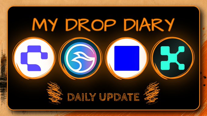 A graphic titled "MY DROP DIARY" with four circular icons (including what appears to be a Solana logo) and the text "DAILY UPDATE" below it on an orange-rimmed black background.