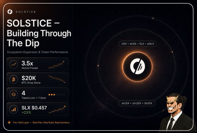 A promotional graphic for Solstice ($SLX) highlights that the token is up 3.5x above presale despite a $20K BTC drop, with the ecosystem expanding to 7 tokens and SLX trading at $0.457 (+23%). The image visually reinforces the post's claim that Solstice has been "building through the dip" while Bitcoin declined, showcasing key performance metrics alongside its token ecosystem (USX, eUSX, SLX, stSLX, aiUSX, stUSX, tbUSX).
