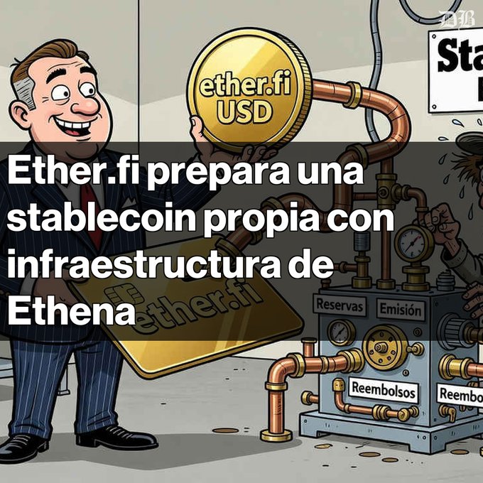 A cartoon illustration with the text 'Ether.fi prepara una stablecoin propia con infraestructura de Ethena' showing a character holding an 'ether.fi USD' coin and a gold 'ether.fi' card.