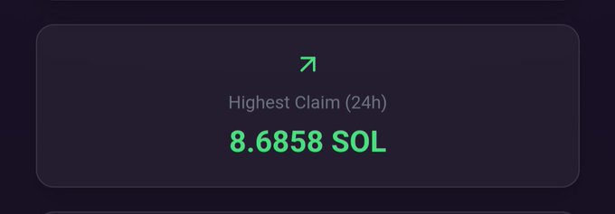 A dark digital interface panel displays a green upward arrow and the text 'Highest Claim (24h)' followed by '8.6858 SOL' in bright green font.