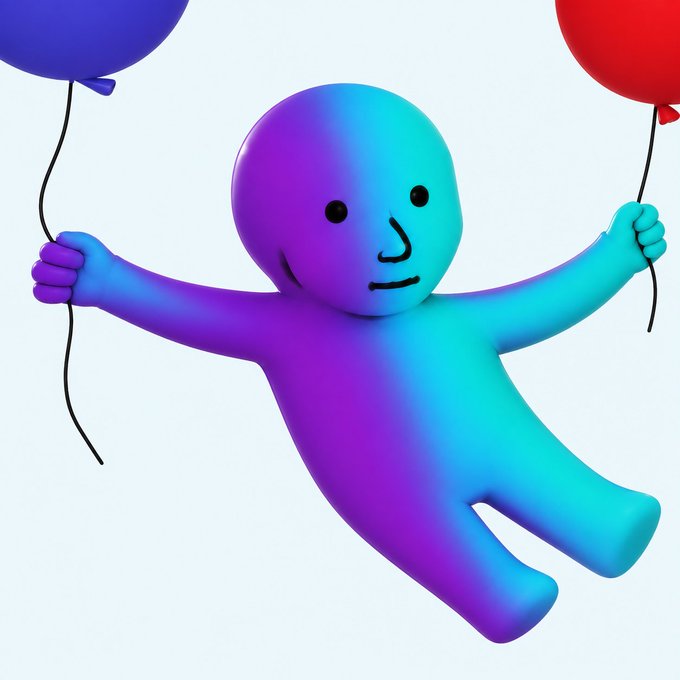 The image features an animated cartoon character, possibly a 3D model or a mannequin, that has been created with blue and purple colors for its body and head. The figure appears to be holding balloons in their arms while floating through the air. Above them, three different-sized balloons are positioned at various points above the character's position, suggesting movement from left to right across the image. In addition, there is text that reads "manlets, today was good day. we've got a great meme here and something the majority of trenchers and ct already know. we've gone through two 90%+ dips and are still here. im 1000% sure this will become a huge solana".