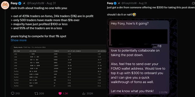 Two tweets from 'Foxy' (@FoxyhitsW) discussing trading statistics showing most FOMO traders are unprofitable, alongside a DM offering $300 to take down a post.