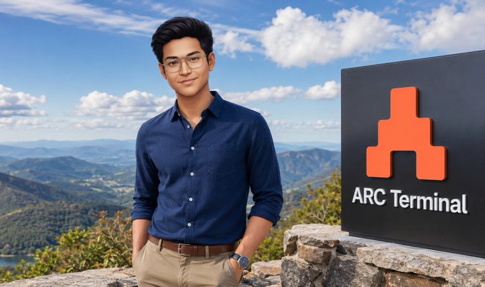 An AI-generated image of a young man in a blue shirt standing on a mountain overlook next to a sign reading 'ARC Terminal' with an orange 'A' logo.