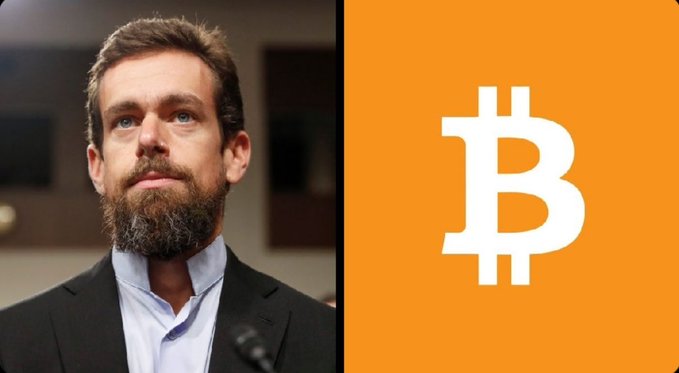 Jack Dorsey looks contemplatively off-camera beside a large Bitcoin (₿) logo on an orange background, visually tying his statement about Bitcoin becoming the single global currency to the cryptocurrency's iconic symbol.