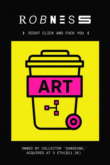 The image features a poster for an art project, with a pink cup containing a piece of artwork as its centerpiece. The text "robness" is displayed above the cup, indicating that this artwork belongs to Robness. The poster also includes a link to the artist's website and a contact email address.