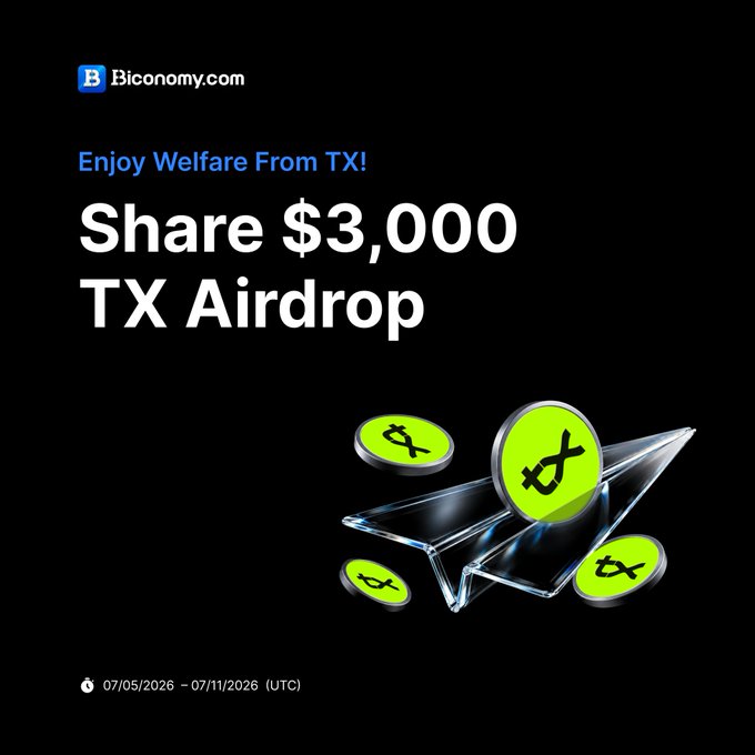 A black promotional banner from Biconomy.com announcing a "$3,000 TX Airdrop" with green TX coin graphics, running from 07/05/2026 – 07/11/2026, supporting the post's call for users to complete tasks and follow Biconomy and txEcosystem to claim their share of TX rewards.