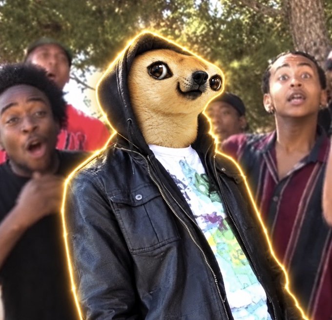 A figure in a black leather jacket and hood has a Shiba Inu dog's head photoshopped on with a glowing yellow outline, surrounded by shocked onlookers with amazed expressions. The meme humorously suggests "Doegcoin" is the slowest "cook" (slow mover) yet still quietly gaining attention despite its sluggish pace, with the dog standing unfazed amid the hype.