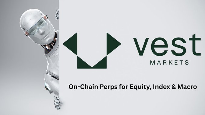 A promotional banner for Uvest Markets featuring a humanoid robot peeking from the left side, with the company's green logo and tagline 'On-Chain Perps for Equity, Index & Macro'.