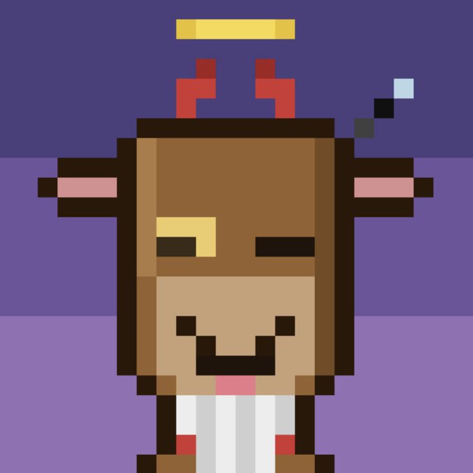 A pixel art NFT-style illustration of a brown character with devil horns, a halo, and a small smoking cigarette, set against a purple background.